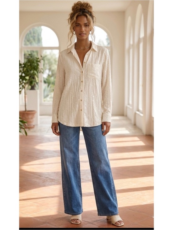 Maeve Tops - Anthropologie Maeve Sequn Textured Button Down Long Sleeve Lagenlook Cream Top L